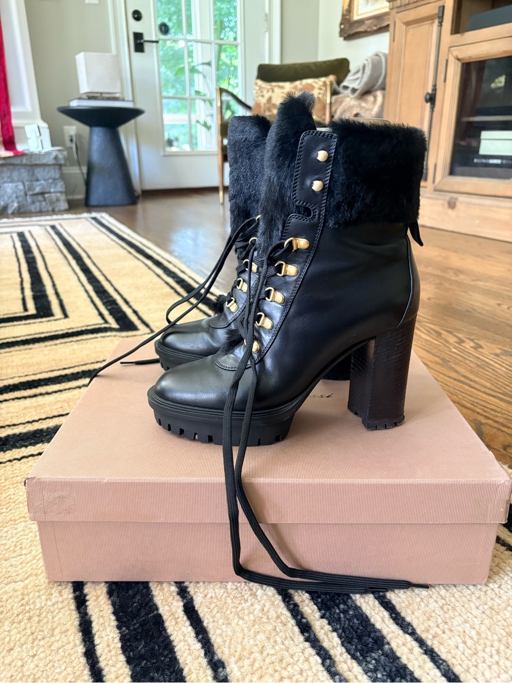Gianvito Rossi Black Lace-Up Platform Fur-Trim Ankle Boots